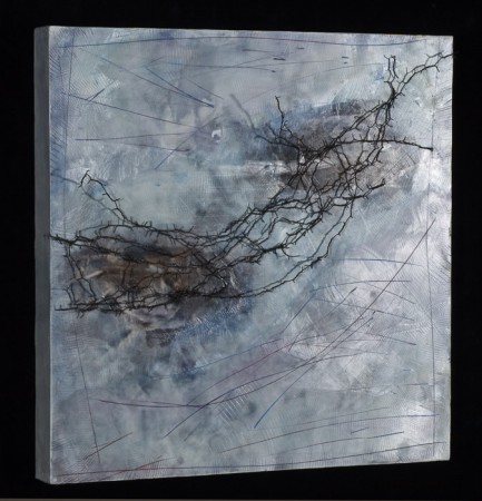 Original artwork by Barbara Downs, detail of Precious in the Brambles, Encaustic/Oil/Photo/Barbed Wire on Panel